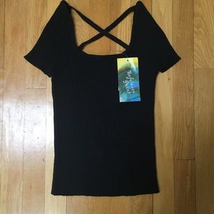 Reference Point Black Knit Criss Cross Short Sleeve Cotton Sweater Size Small